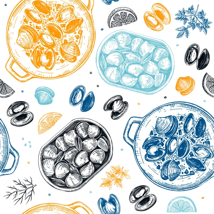Hand drawn cooked clam shells with herbs seamless pattern. Seafood background in color. Vector package, banner,  menu, recipe design template. Edible marine mollusks sketches.